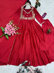 Lovely Red Chinon Silk Embroidery Work Gown