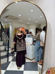 Trendy Wine Velvet Sequence Embroidery Work Palazzo Suit