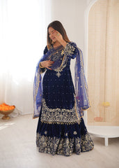 Ravishing Blue Velvet with Cording Work Sharara Suit