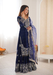 Ravishing Blue Velvet with Cording Work Sharara Suit