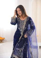 Ravishing Blue Velvet with Cording Work Sharara Suit