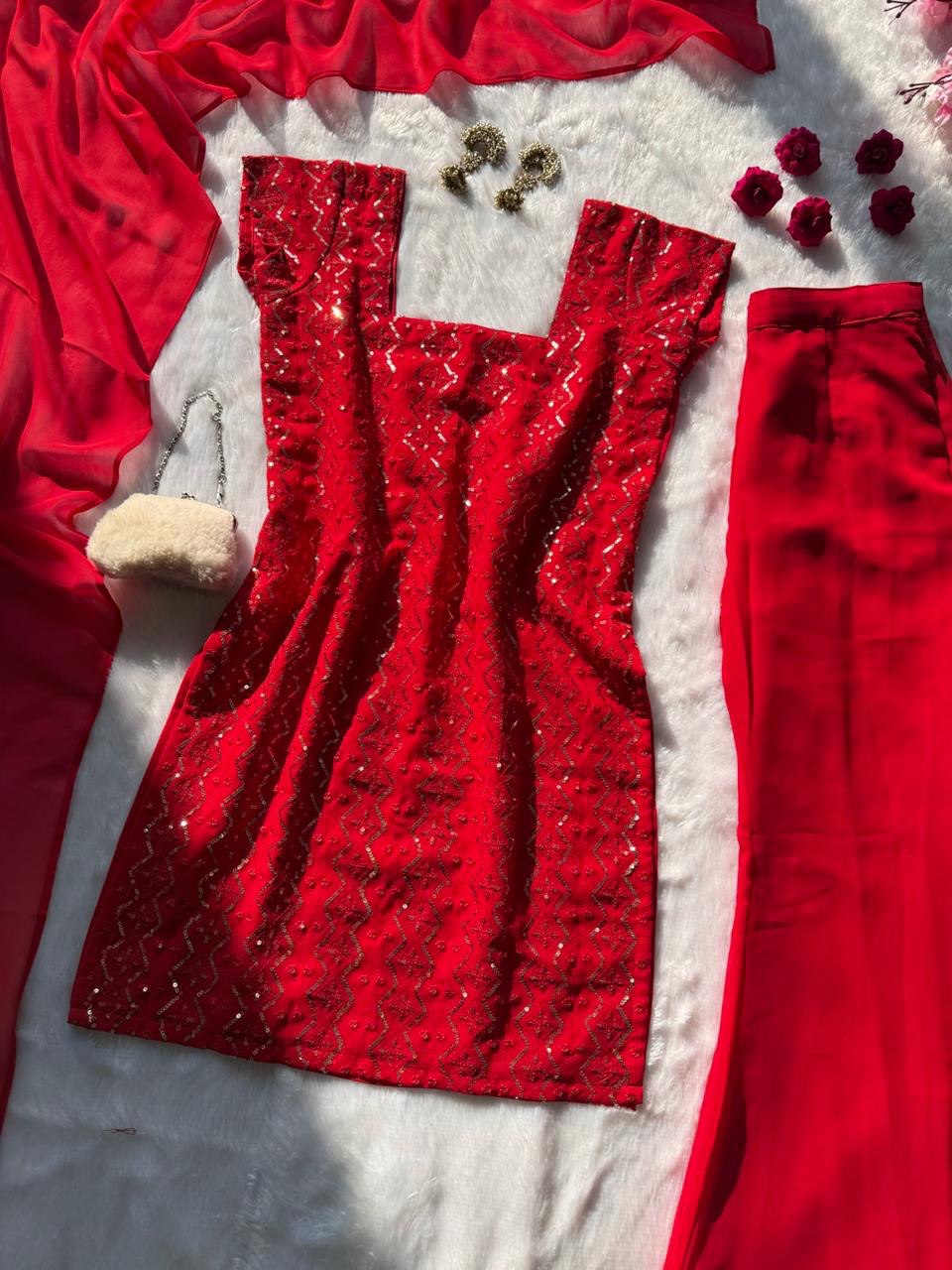 Lovely Red Georgette Sequence Work Palazzo Suit