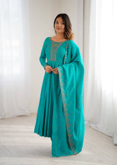 Elegant Teal Roman Chanderi Silk Anarkali Suit