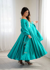 Elegant Teal Roman Chanderi Silk Anarkali Suit