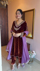 Stunning Purple Velvet Sequence Work Sharara Suit