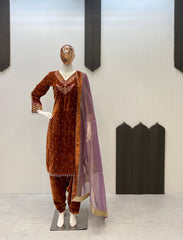 Stunning Purple Velvet Sequence Work Sharara Suit