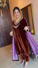 Stunning Purple Velvet Sequence Work Sharara Suit
