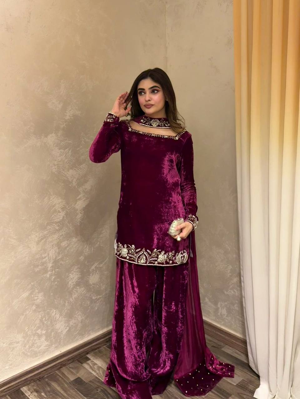 Exclusive Maroon Velvet with Thread & Sequence Work Sharara Suit