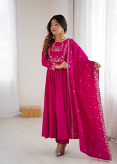 Amazing Pink Roman Chanderi Silk Handwork Anarkali Gown